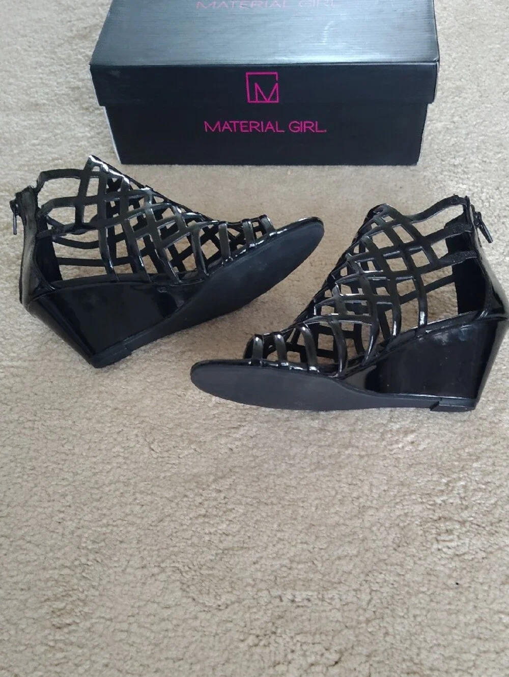 Material Girl Black Patent Lattice Peep-Toe Cage Heels